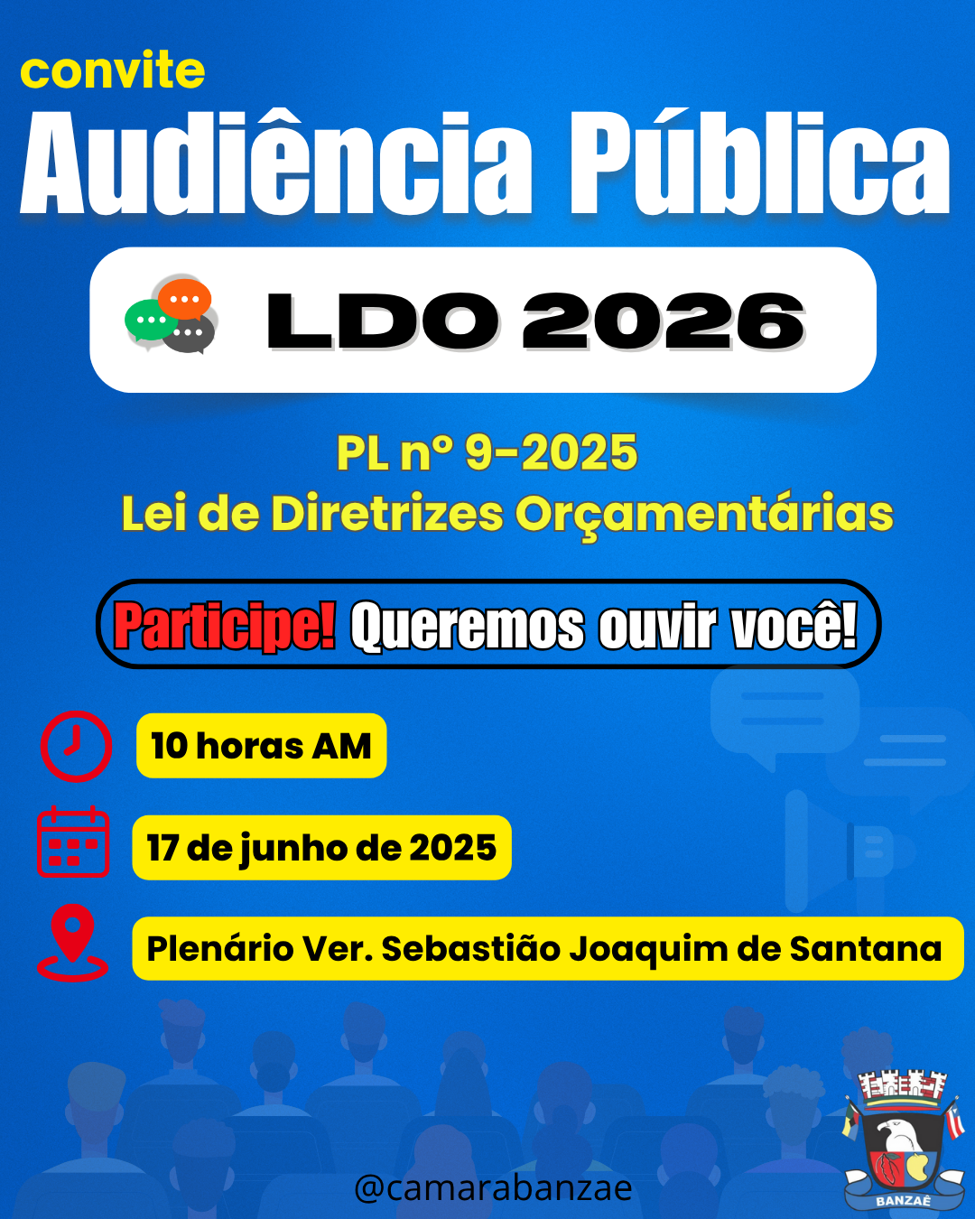 Câmara de Banzaê convida população para Audiência Pública da LDO 2026