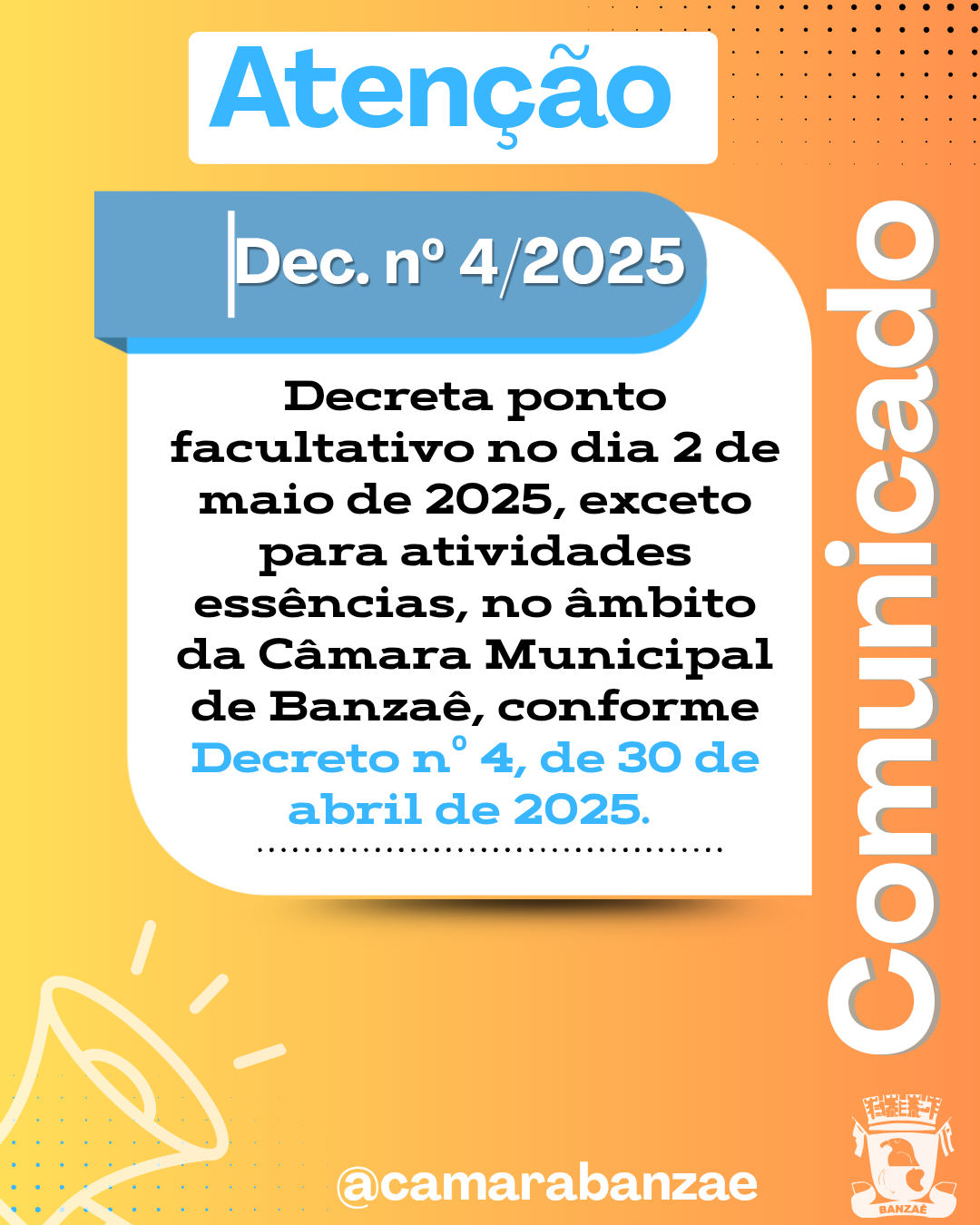 Comunicado: Câmara decreta ponto facultativo 
