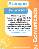 Comunicado: Câmara decreta ponto facultativo 