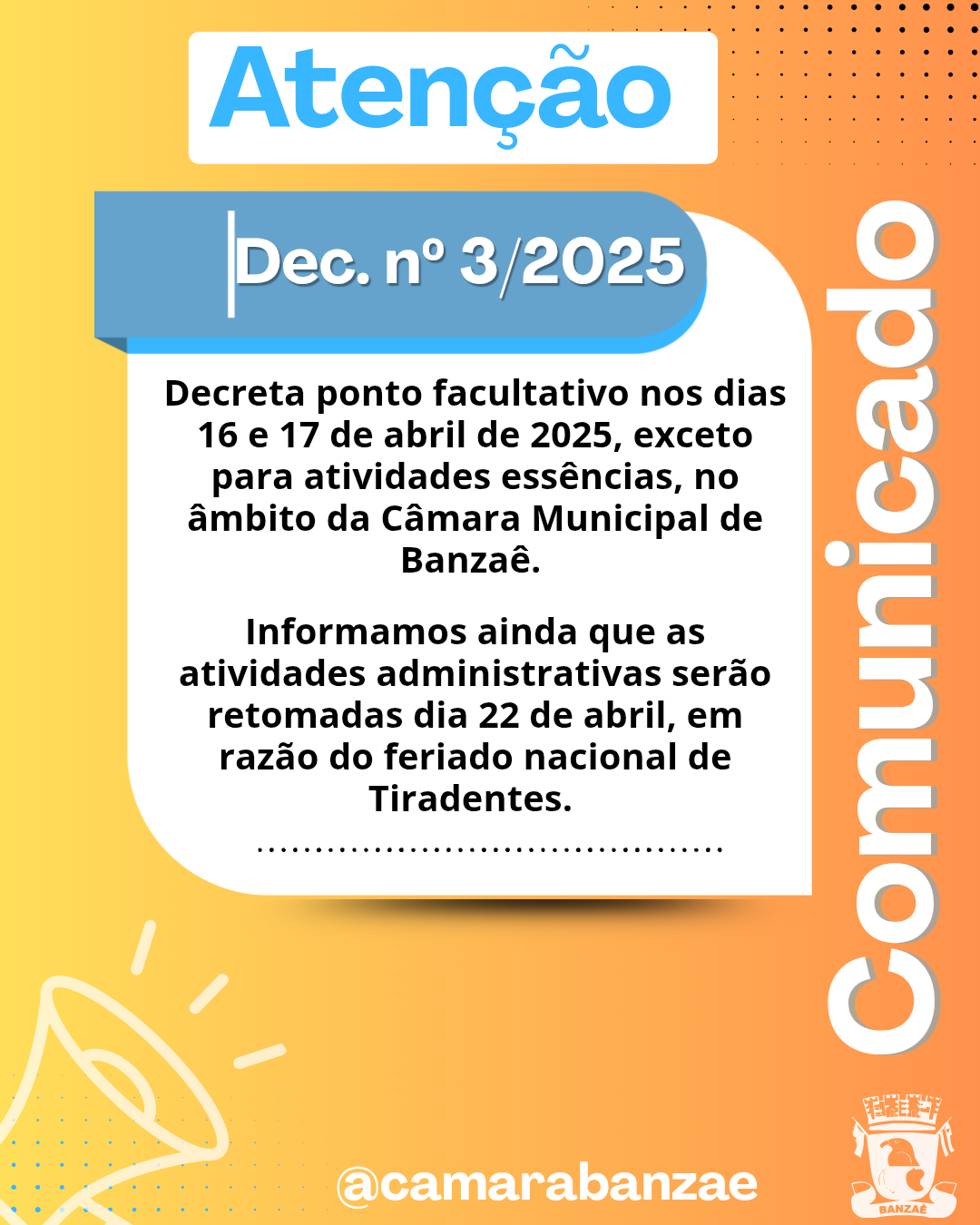 Semana Santa: Câmara de Banzaê decreta ponto facultativos nos 16 e 17 de abril de 2025